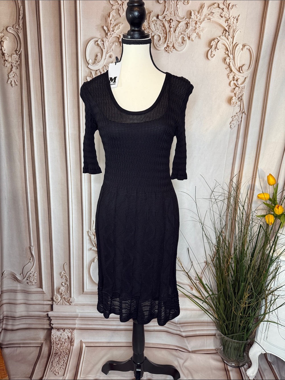 M by Missoni Black Knit Scoop-Neck Midi Dress with Openwork Hem